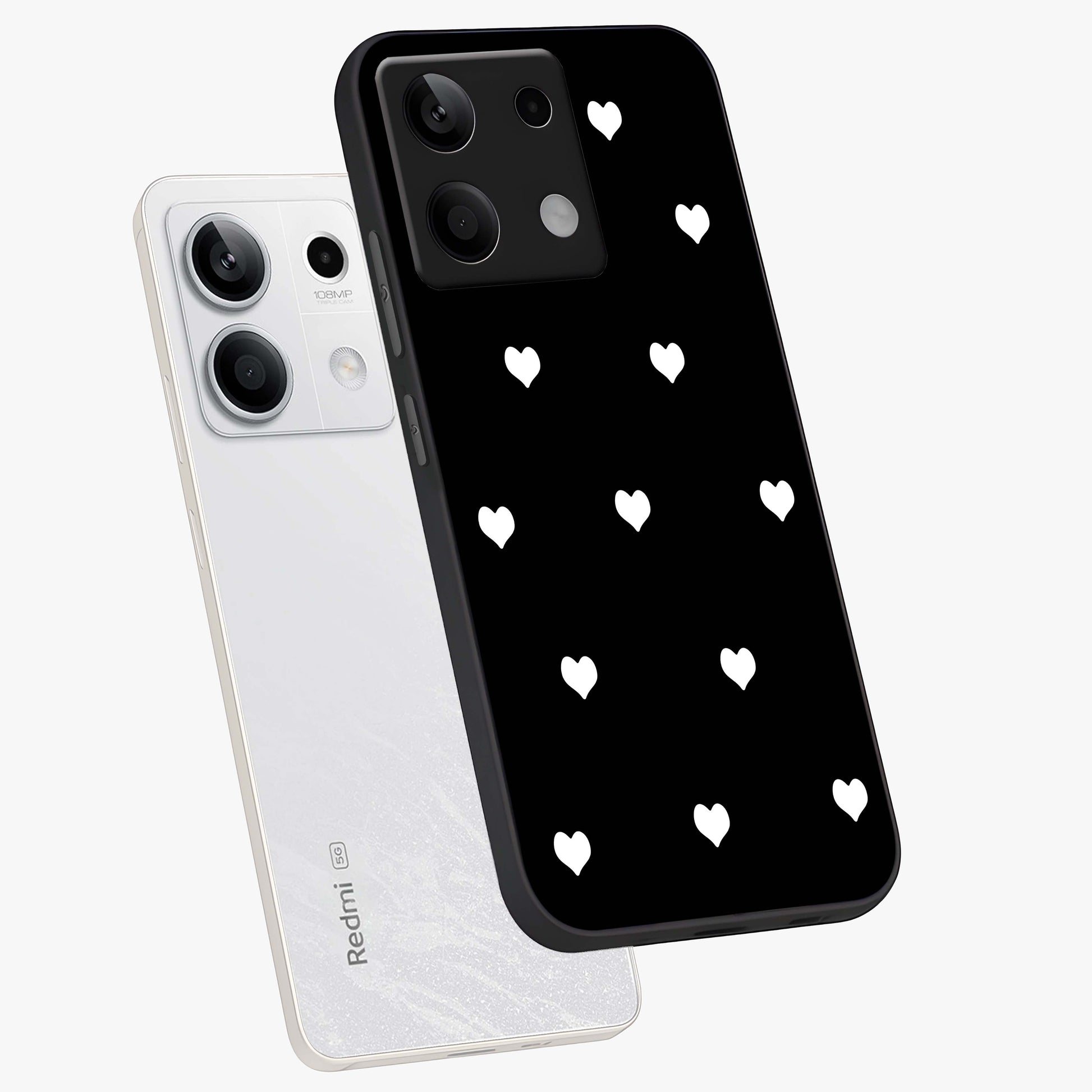 Cute And Simple White Hearts Glass Case displayed in angled mockup highlighting cute heart design with clean aesthetic style.