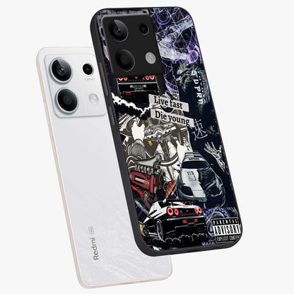 Die Young Glass Case displayed in angled mockup highlighting expressive graphic artwork with edgy aesthetic style.