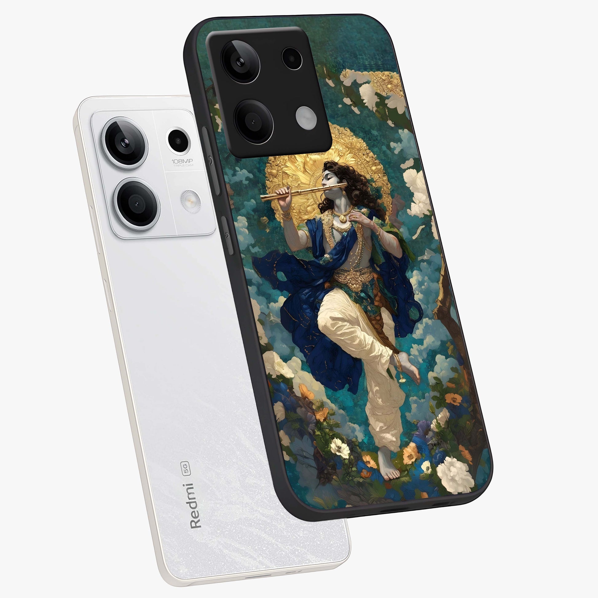 Divine Krishna Art Glass Case displayed in angled mockup highlighting spiritual Krishna illustration with devotional aesthetic.
