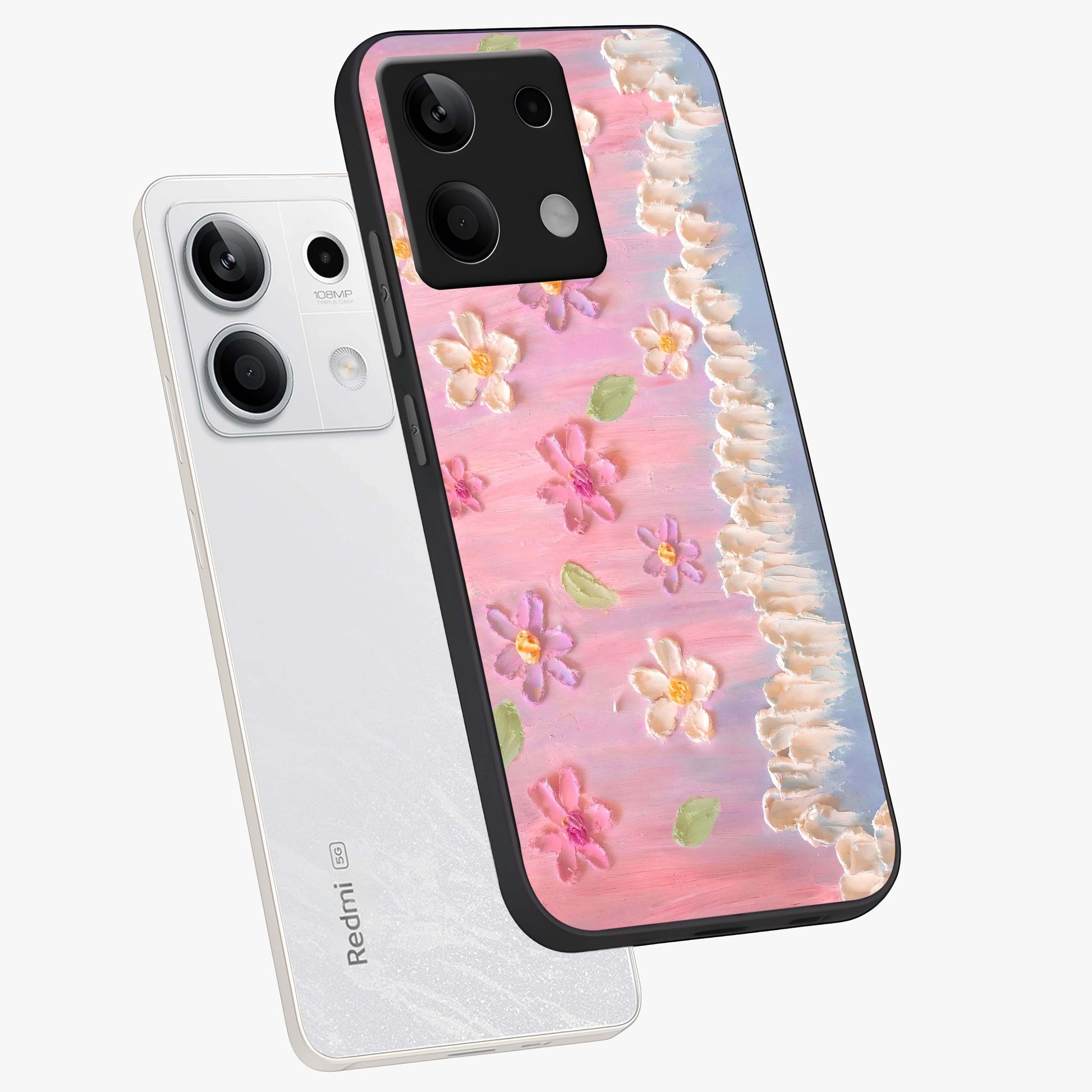 Dreamy Painted Garden Glass Case displayed in angled mockup highlighting colorful garden illustration with dreamy aesthetic style.