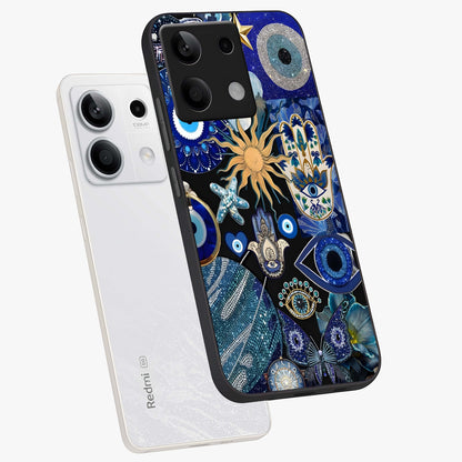 Evil Eye Charm Mix Glass Case displayed in angled mockup highlighting protective evil eye symbols with spiritual aesthetic design.