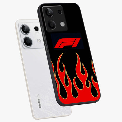 Fire F11 Glass Case displayed in angled mockup highlighting bold fire inspired graphic with energetic aesthetic style.