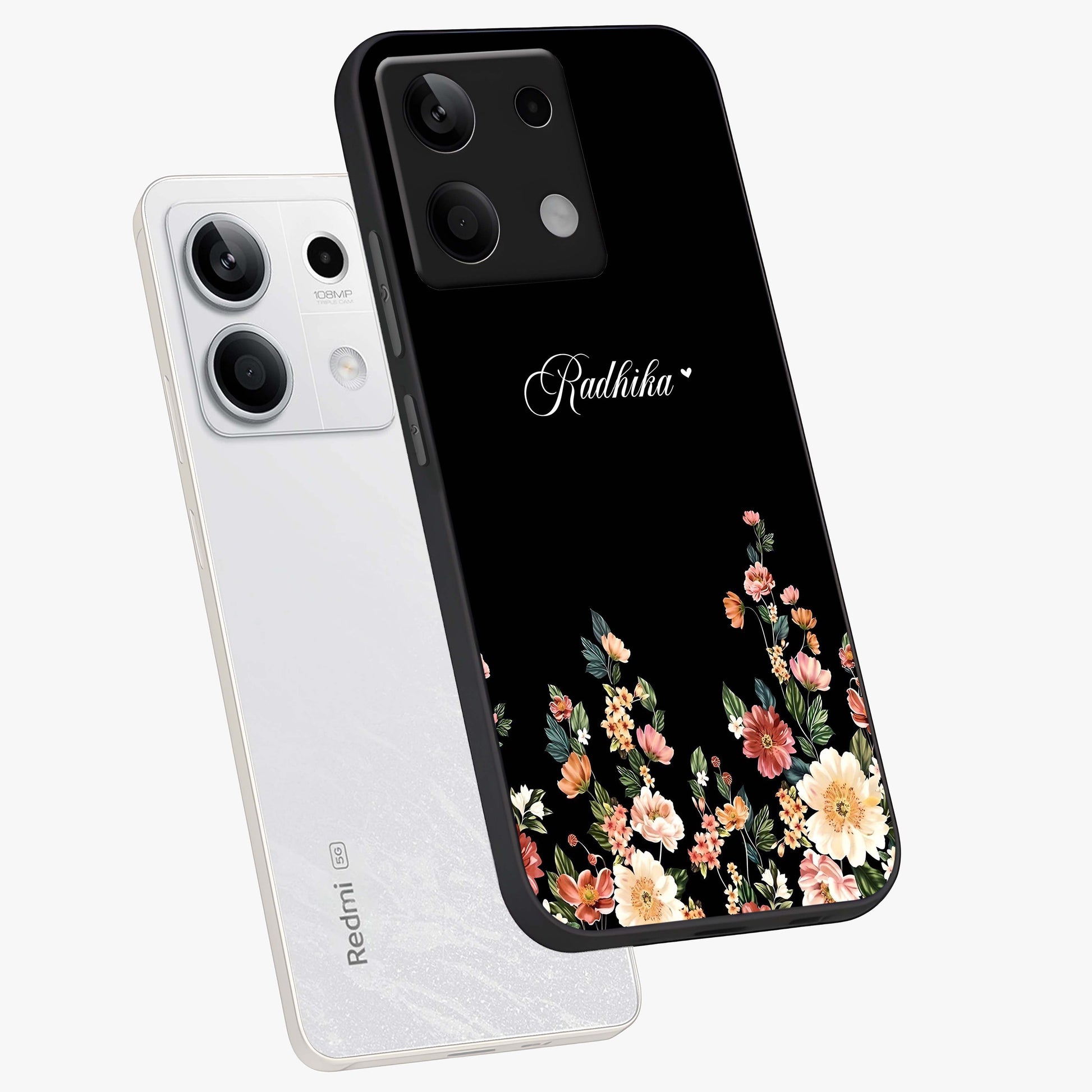 Floral Design With a Custom Personalized Name Glass Case displayed in angled mockup highlighting elegant floral pattern with custom name feature.