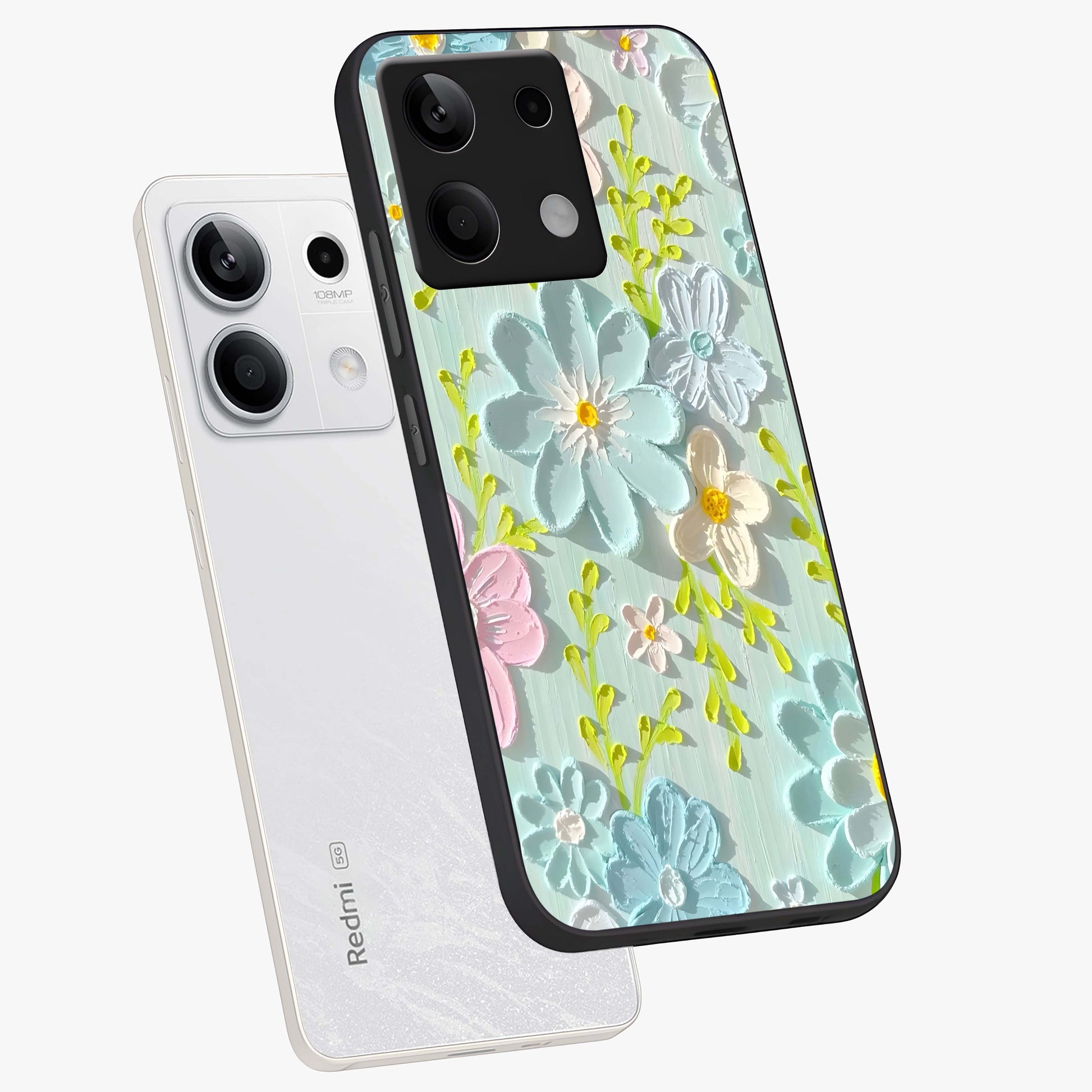 Frosted Petal Garden Glass Case displayed in angled mockup highlighting delicate flower petal design with calm garden aesthetic.
