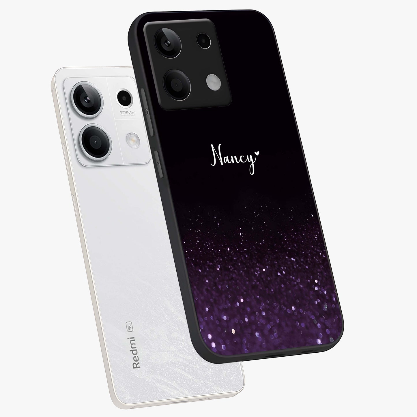 Glittery Purple Bokeh Custom Name Glass Case displayed in angled mockup highlighting glitter bokeh pattern with custom name feature.