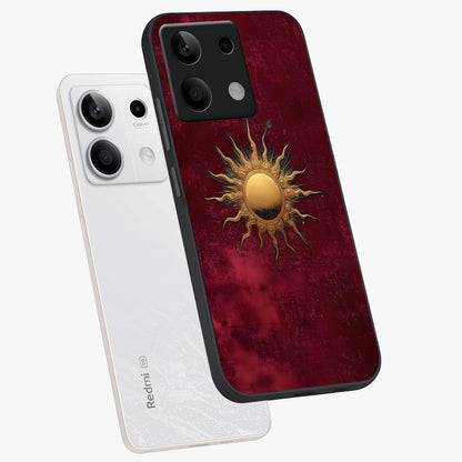 Golden Sun Minimalism Glass Case displayed in angled mockup highlighting clean sun symbol design with modern minimal aesthetic.