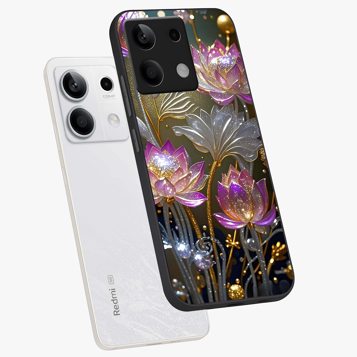 Golden Floral Majesty Glass Case displayed in angled mockup highlighting elegant flower design with royal golden aesthetic.