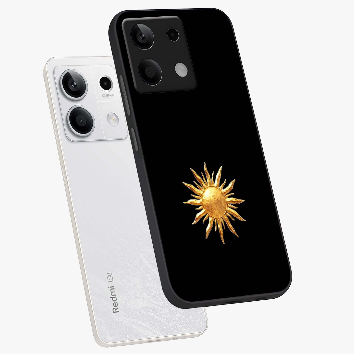 Golden Sun Minimalism Glass Case displayed in angled mockup highlighting eerie shadow illustration with gothic aesthetic.
