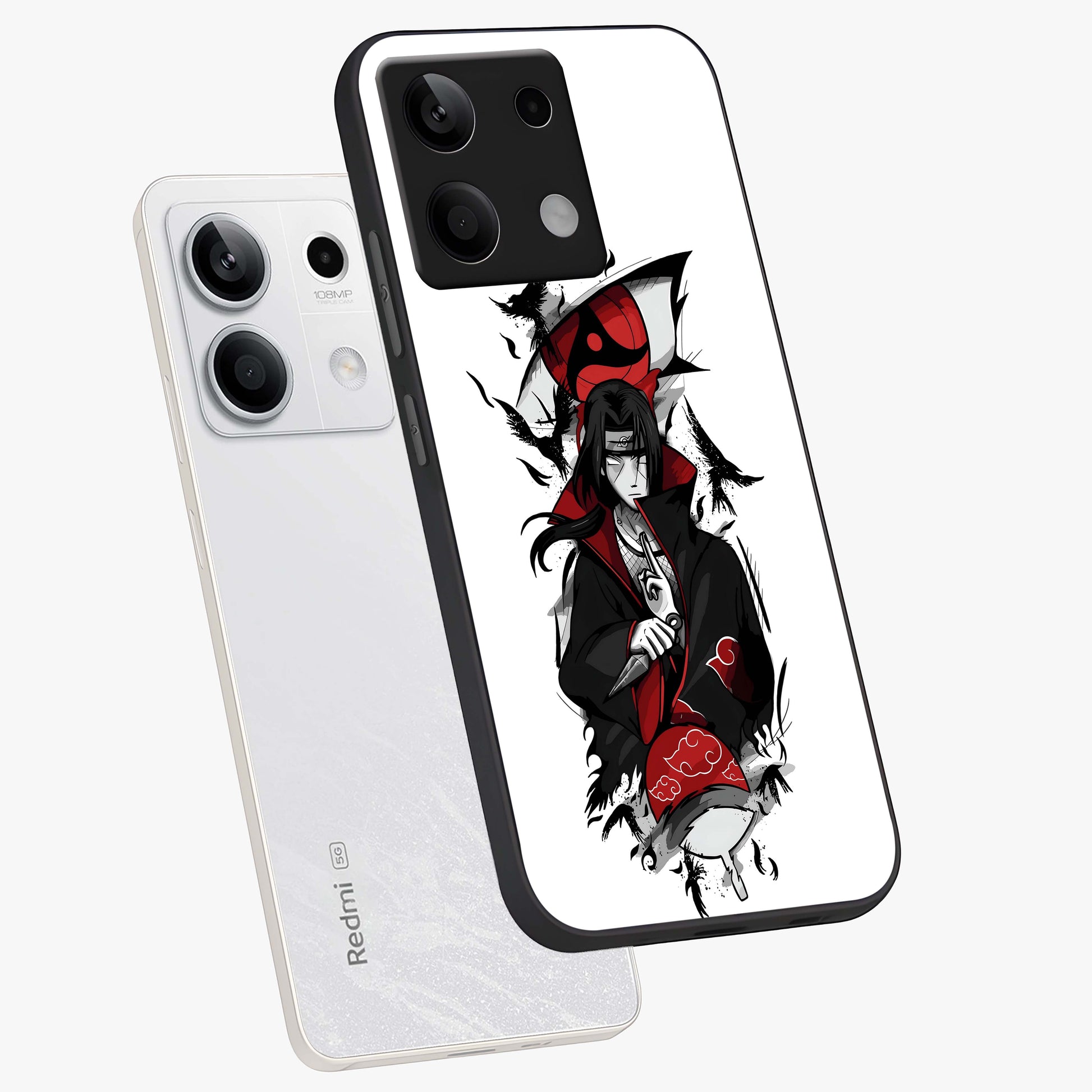 Itachi Limited Edition Naruto Anime Glass Case displayed in angled mockup highlighting dramatic anime illustration with bold action aesthetic.