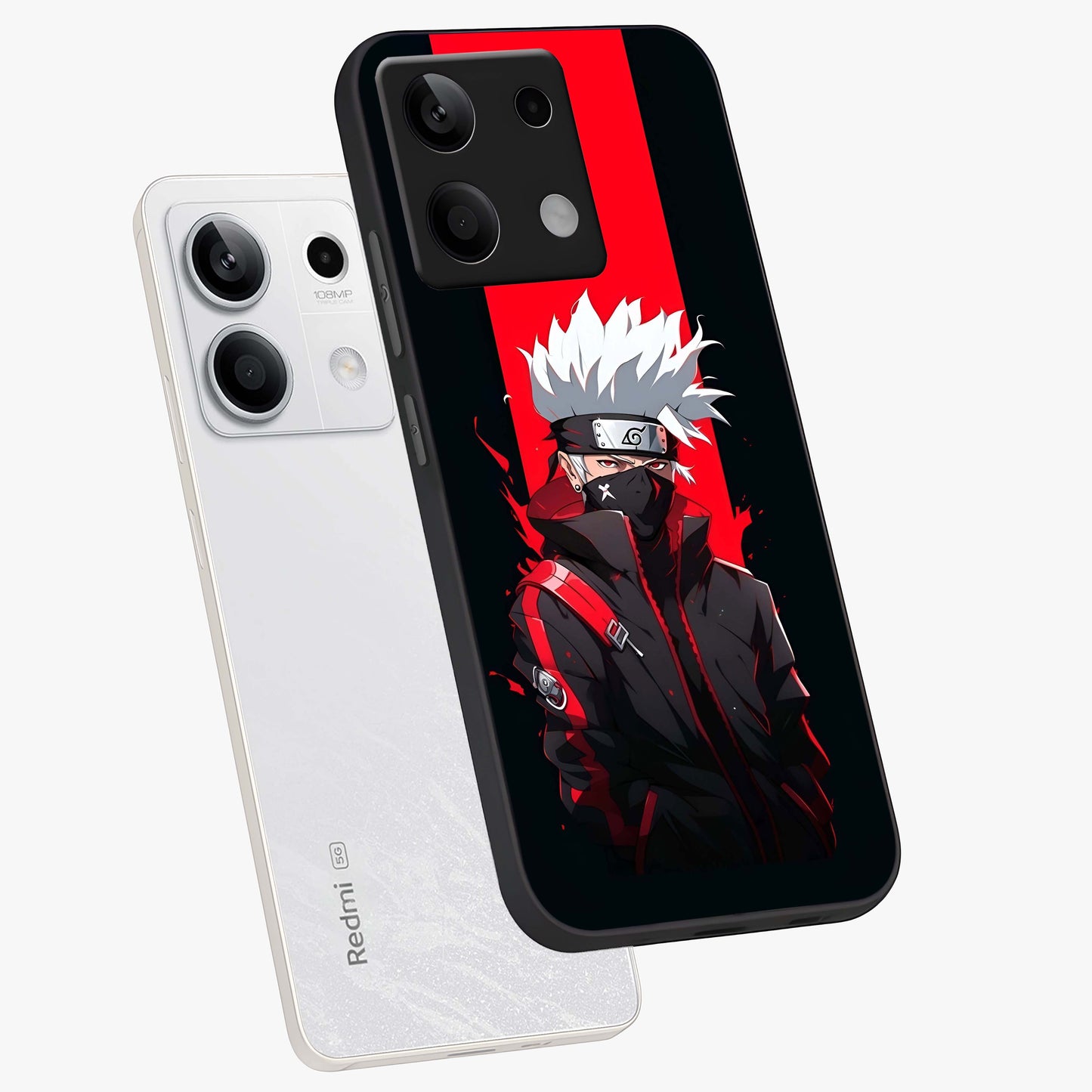 Kakashi Scarlet Shadow Glass Case displayed in angled mockup highlighting dramatic ninja illustration with scarlet themed aesthetic.