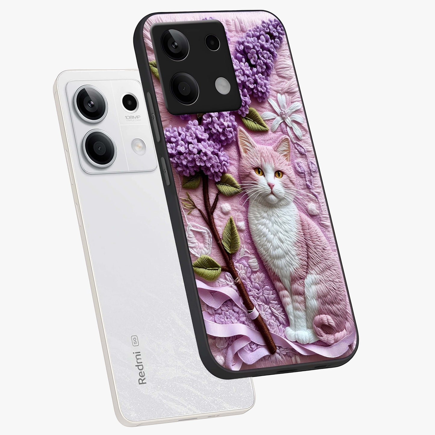 Lavender Cat Whimsy Glass Case displayed in angled mockup highlighting playful feline illustration with pastel lavender aesthetic.