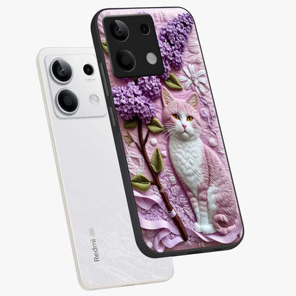 Lavender Cat Whimsy Glass Case displayed in angled mockup highlighting playful feline illustration with pastel lavender aesthetic.