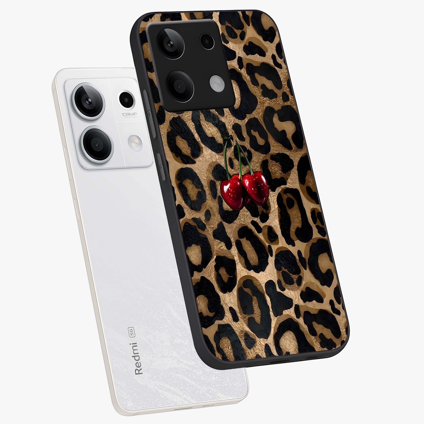 Leopard Wild Cherry Glass Case displayed in angled mockup highlighting bold animal print design with playful cherry aesthetic.