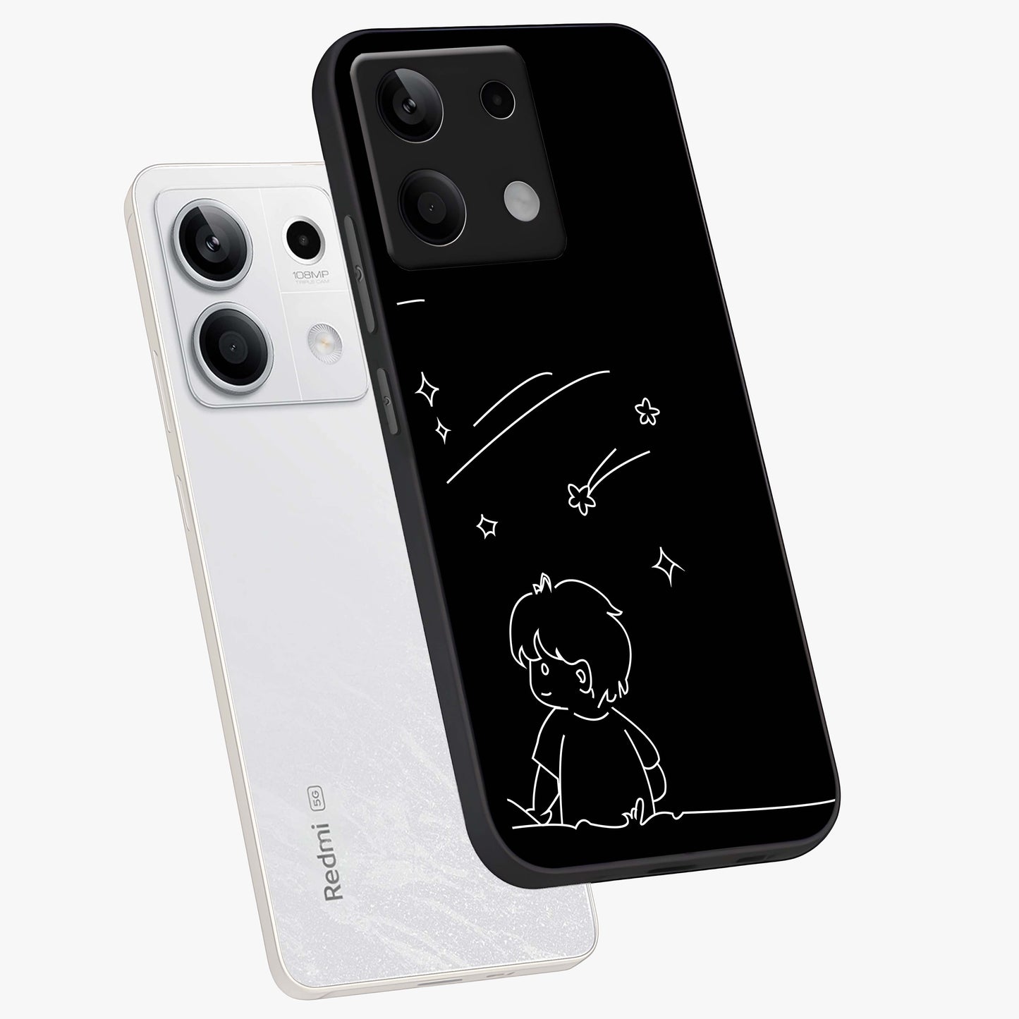 Line Art Boy With Shooting Stars Glass Case displayed in angled mockup highlighting elegant line art design with dreamy star aesthetic.