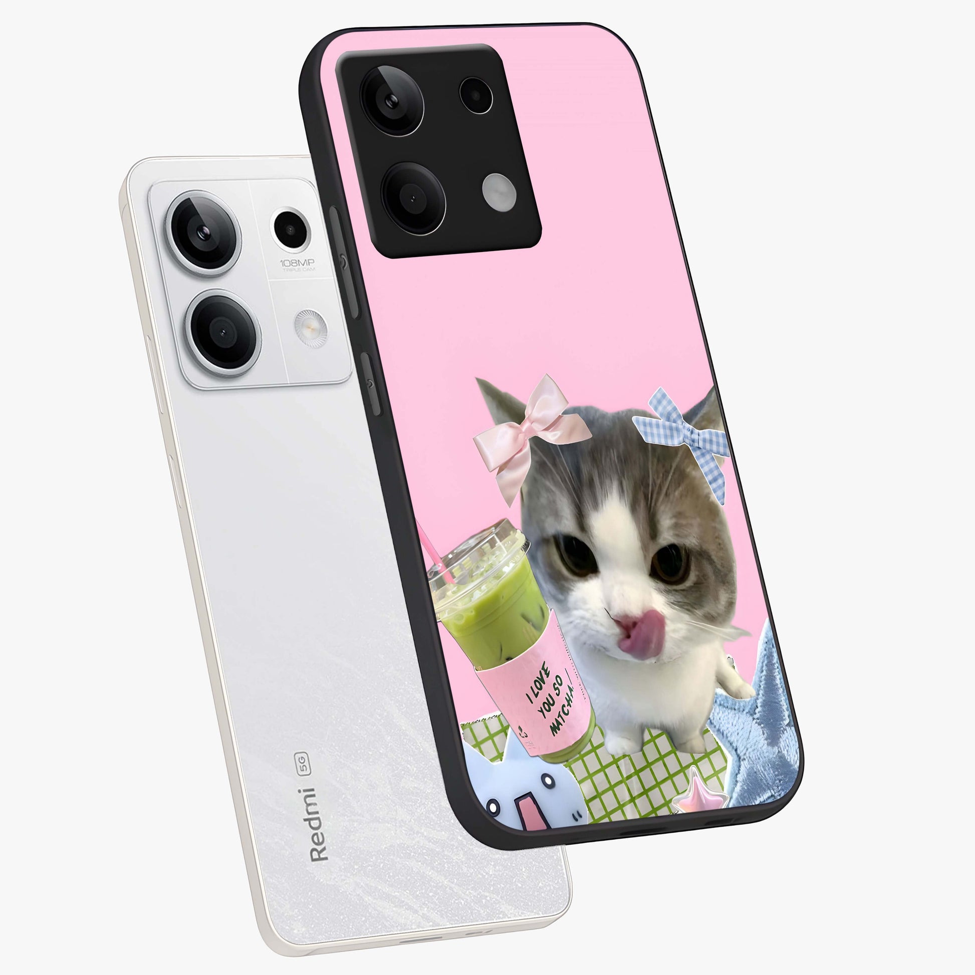 Love Matcha Cat Glass Case displayed in angled mockup highlighting playful feline illustration with cozy matcha aesthetic.
