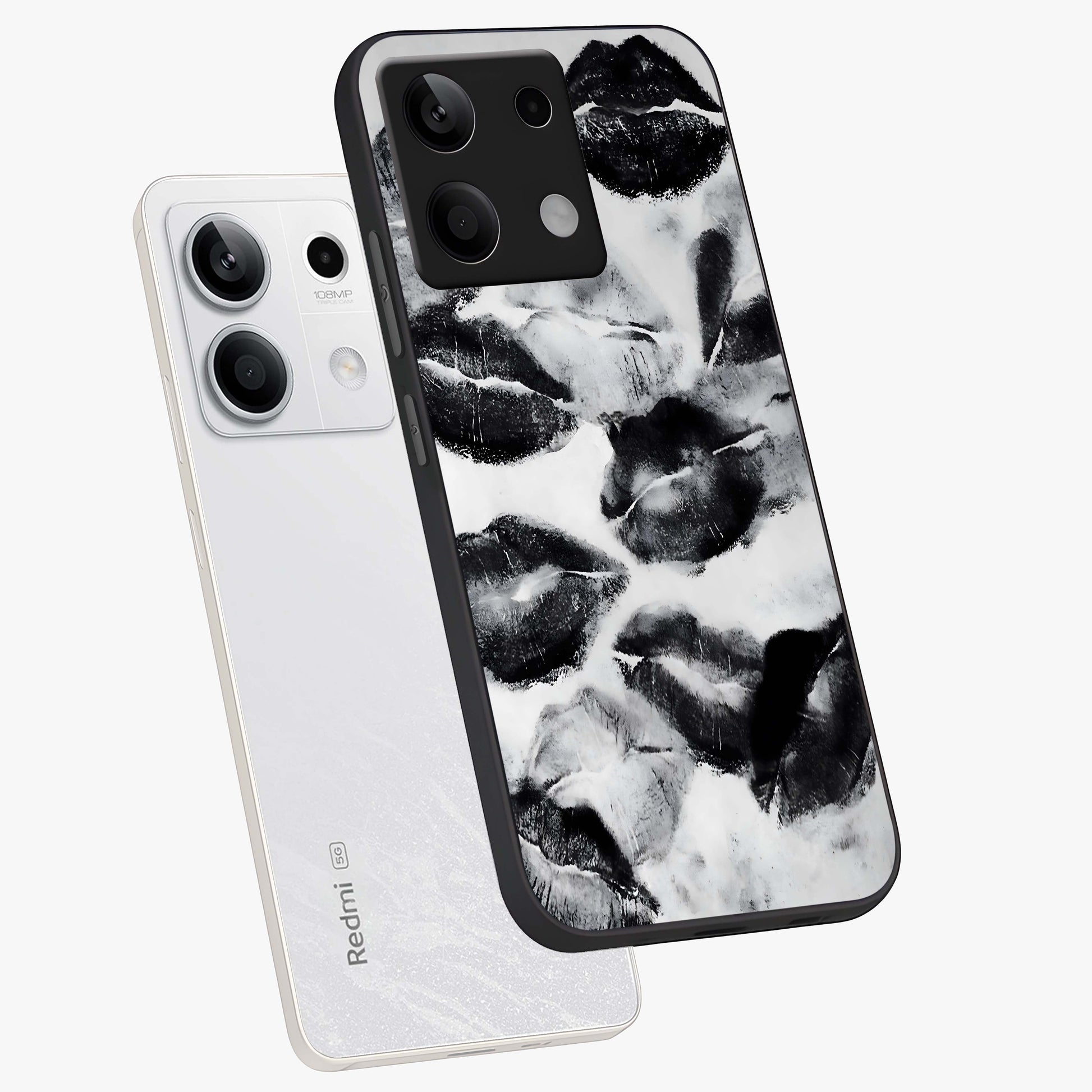 Midnight Kiss Marks Glass Case displayed in angled mockup highlighting playful romantic design with bold midnight aesthetic.