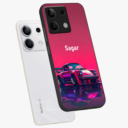 Neon Pink Porsche Glass Case displayed in angled mockup highlighting sleek neon pink car design with racing aesthetic.