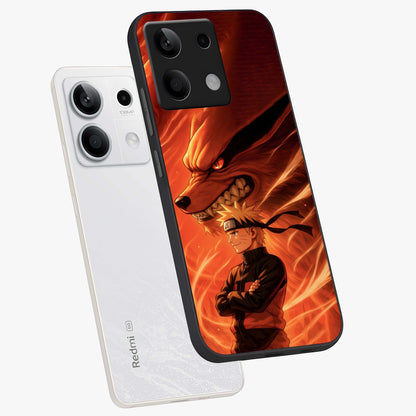 Nine Tails Legacy Glass Case displayed in angled mockup highlighting dynamic anime beast illustration with bold mystical aesthetic.