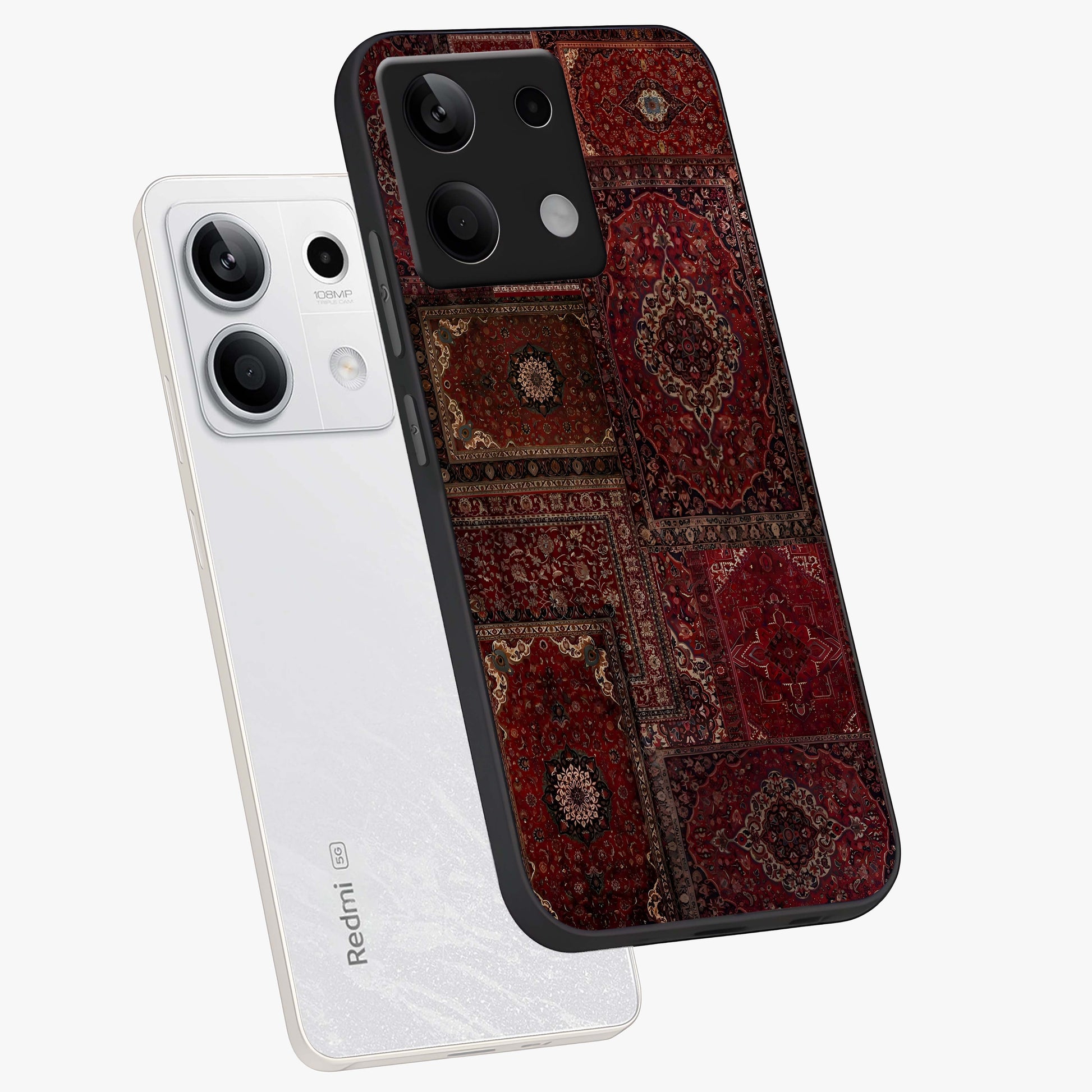 Persian Velvet Tale Glass Case displayed in angled mockup highlighting ornate textile inspired design with royal aesthetic.