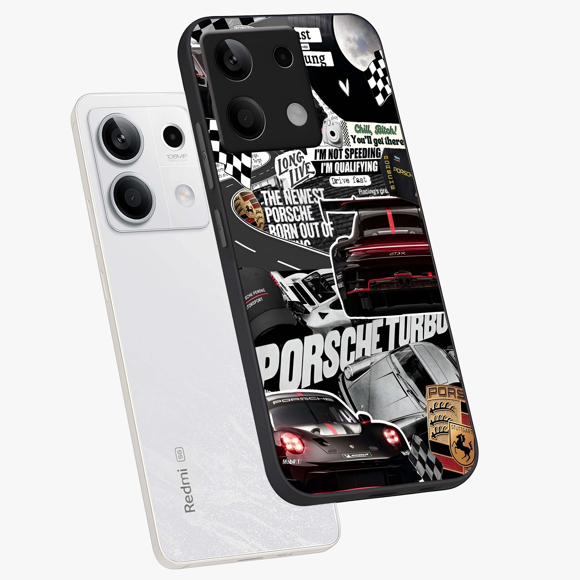 Porsche Racing Collage Glass Case displayed in angled mockup highlighting dynamic automotive design with bold racing aesthetic.