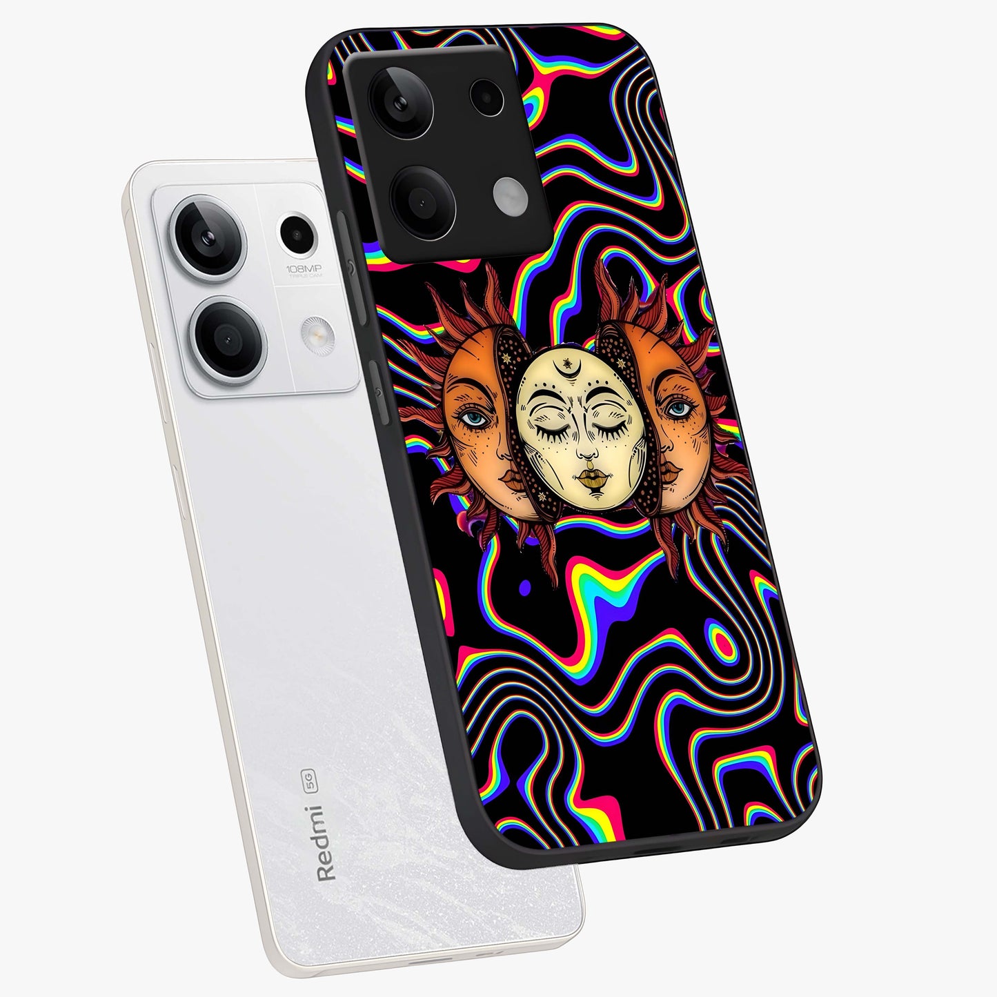 Psychedelic Sun Glass Case displayed in angled mockup highlighting vibrant abstract sun design with artistic aesthetic style.
