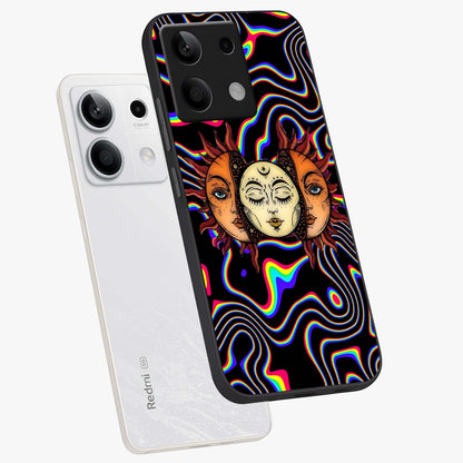 Psychedelic Sun Glass Case displayed in angled mockup highlighting vibrant abstract sun design with artistic aesthetic style.
