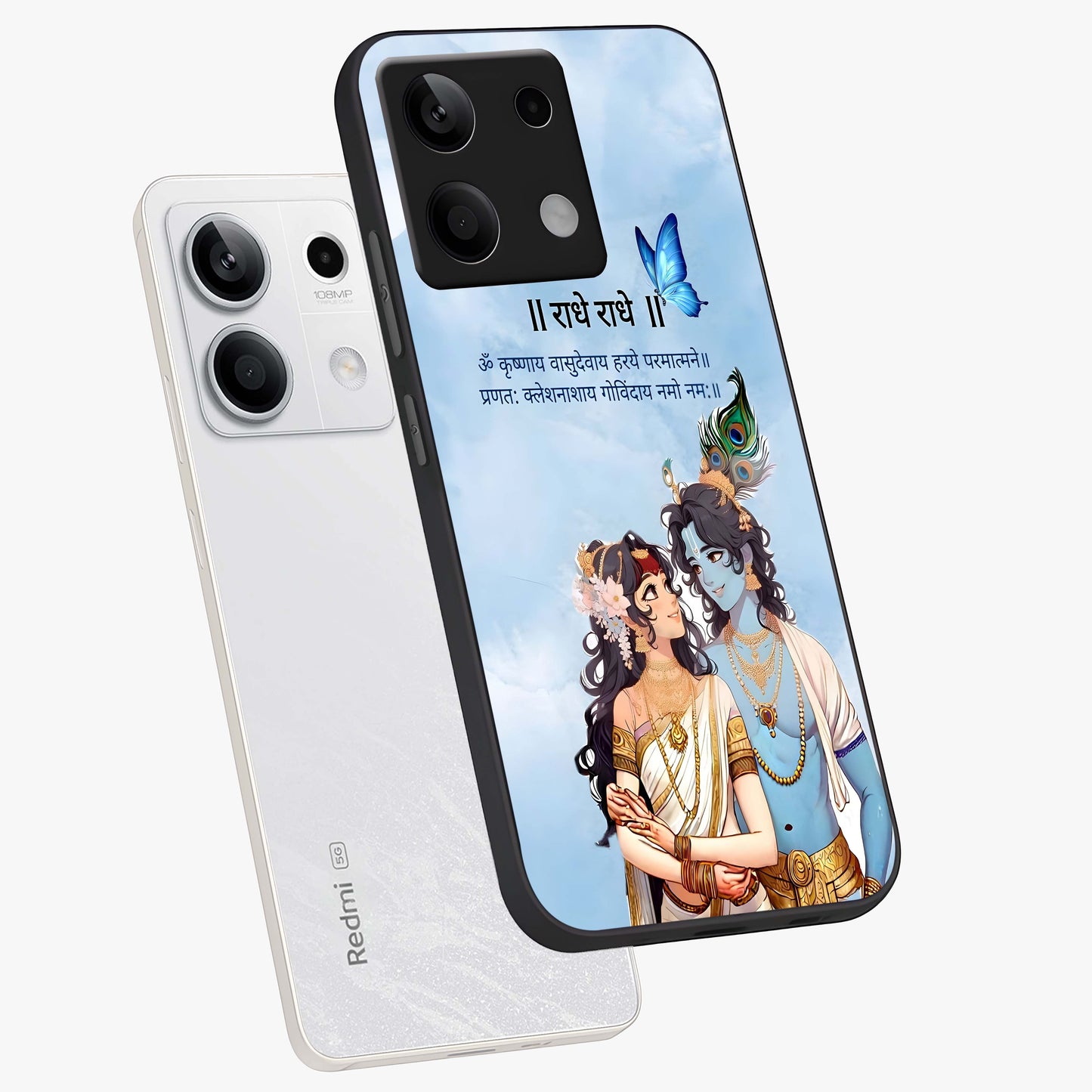 Radha Krishna Eternal Glass Case displayed in angled mockup highlighting divine Radha Krishna illustration with spiritual aesthetic.