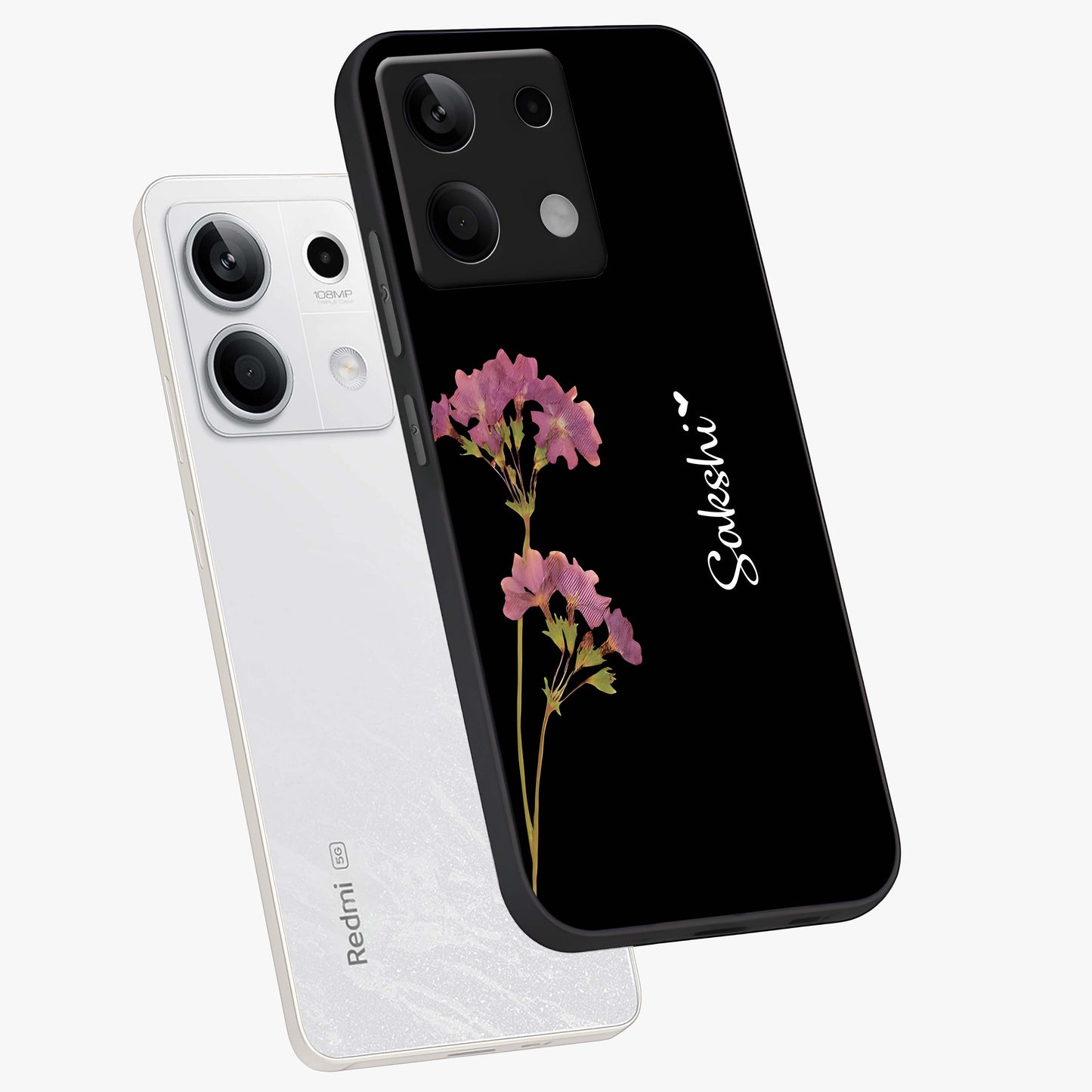 Riching Lavender Flower Custom Name Glass Case displayed in angled mockup highlighting delicate lavender flower design with custom name feature.