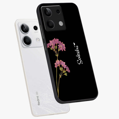 Riching Lavender Flower Custom Name Glass Case displayed in angled mockup highlighting delicate lavender flower design with custom name feature.
