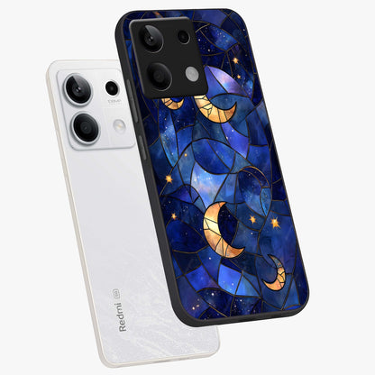 Starlit Sky Tapestry Glass Case displayed in angled mockup highlighting celestial night pattern with artistic aesthetic style.
