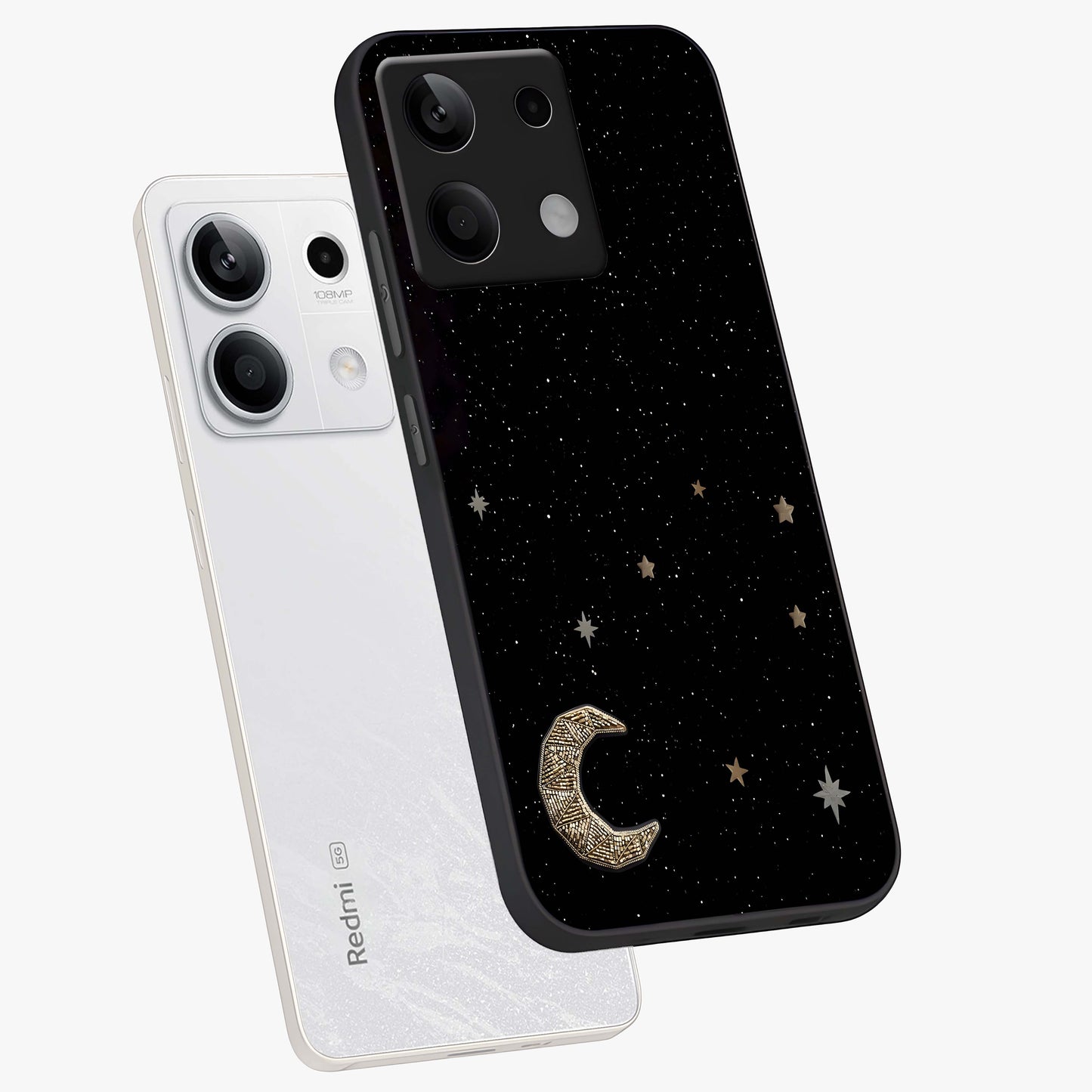Twinkle Star With Half Moon Glass Case displayed in angled mockup highlighting celestial moon and star design with magical aesthetic.