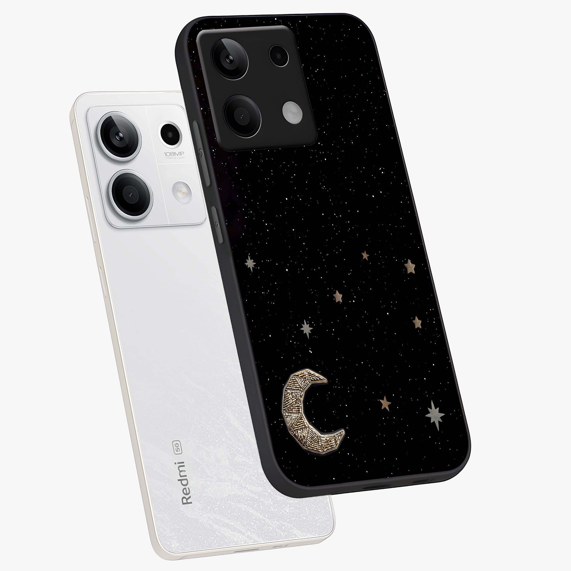 Twinkle Star With Half Moon Glass Case displayed in angled mockup highlighting celestial moon and star design with magical aesthetic.