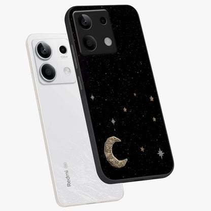 Twinkle Star With Half Moon Glass Case displayed in angled mockup highlighting celestial moon and star design with magical aesthetic.