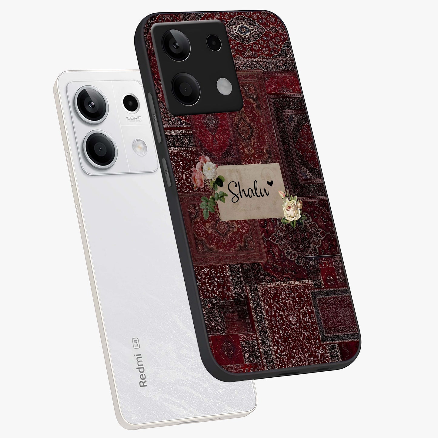 Velvet Wine Pattern Custom Name Glass Case displayed in angled mockup highlighting decorative velvet inspired design with custom name feature.
