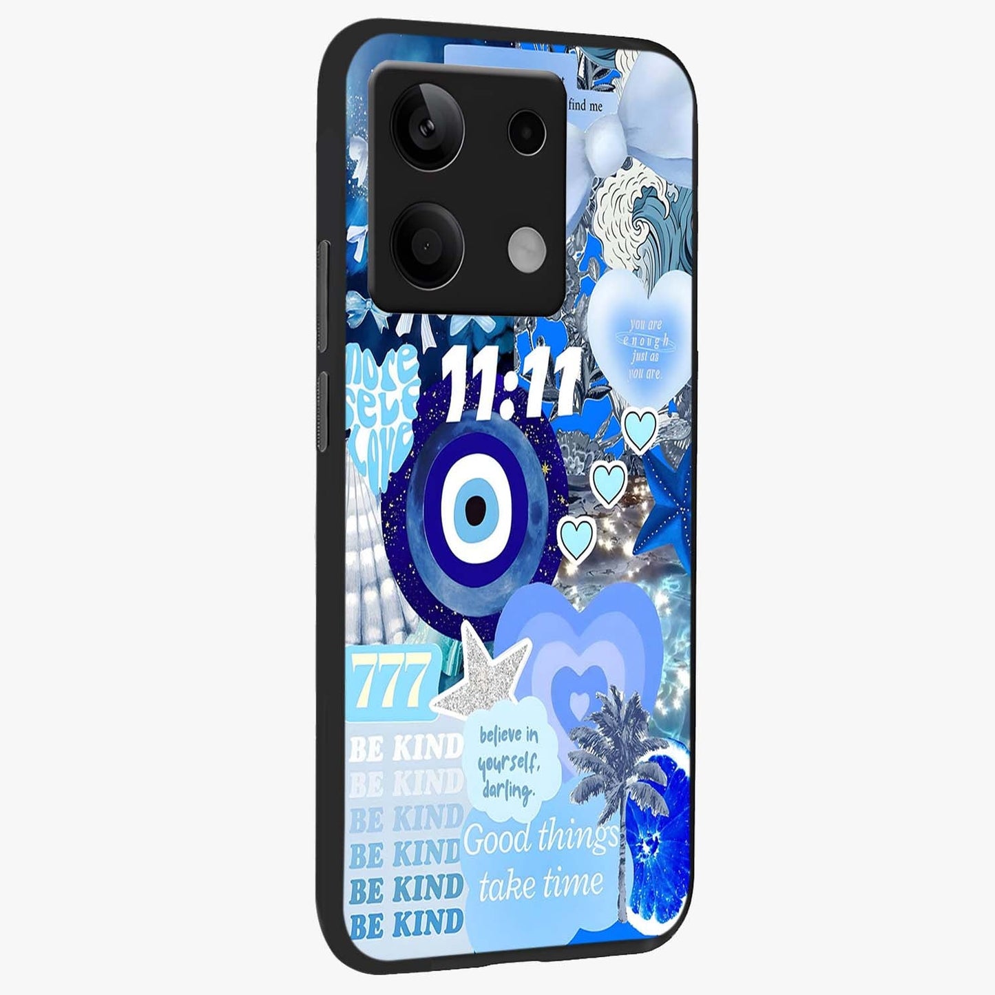 Aesthetic Be Kind Eye Glass Case upright view showcasing stylish eye illustration with positive message theme.