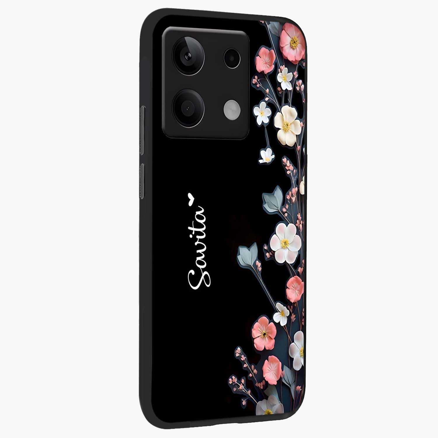 Black Elegance Floral Custom Name Glass Case upright view showcasing luxurious black floral design with personalized name detail.