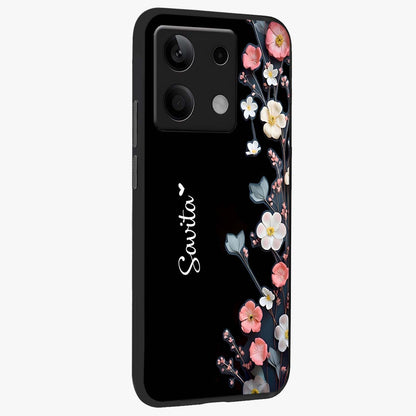 Black Elegance Floral Custom Name Glass Case upright view showcasing luxurious black floral design with personalized name detail.