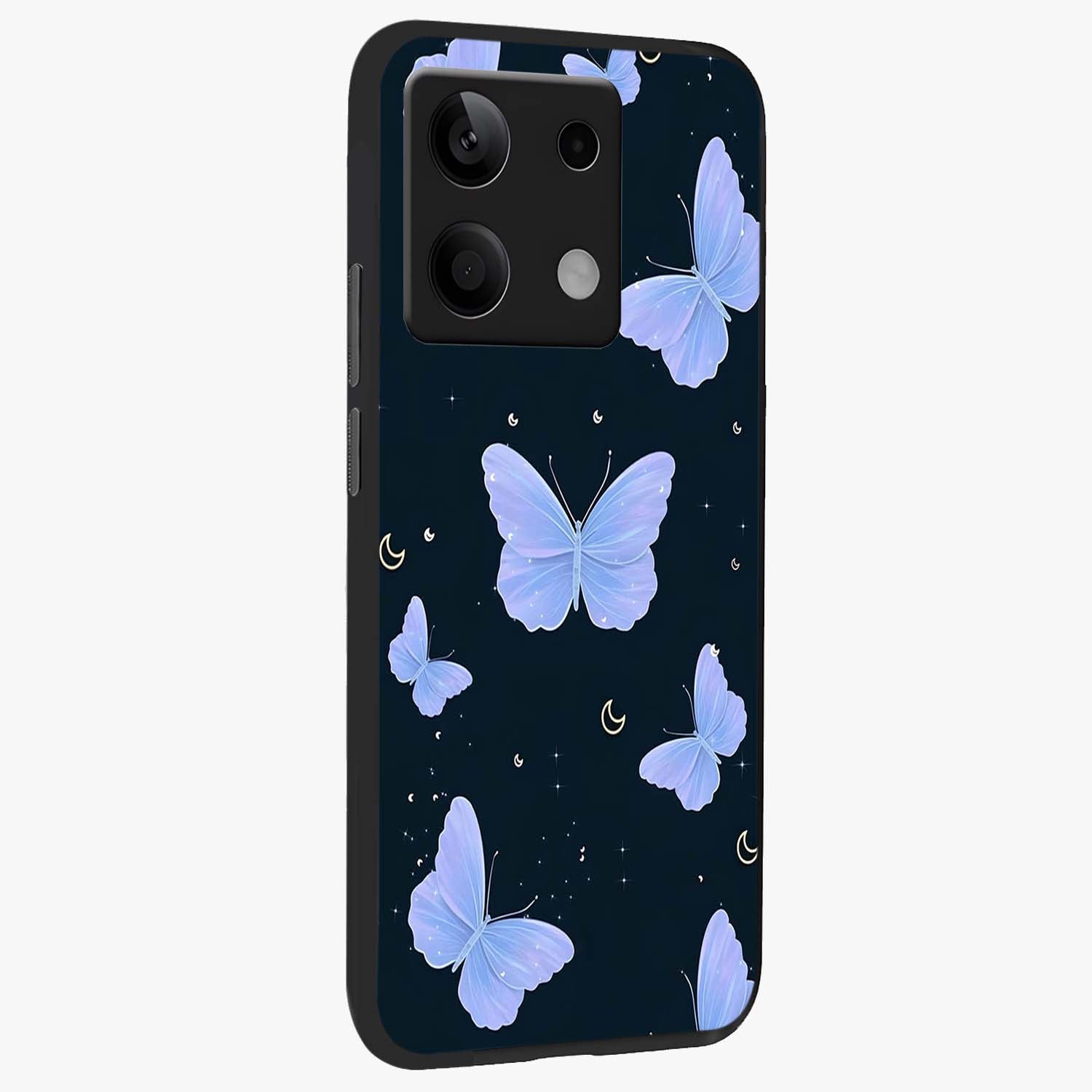 Butterfly With Stars Pattern Glass Case upright view showcasing celestial butterfly artwork with sparkling star elements.