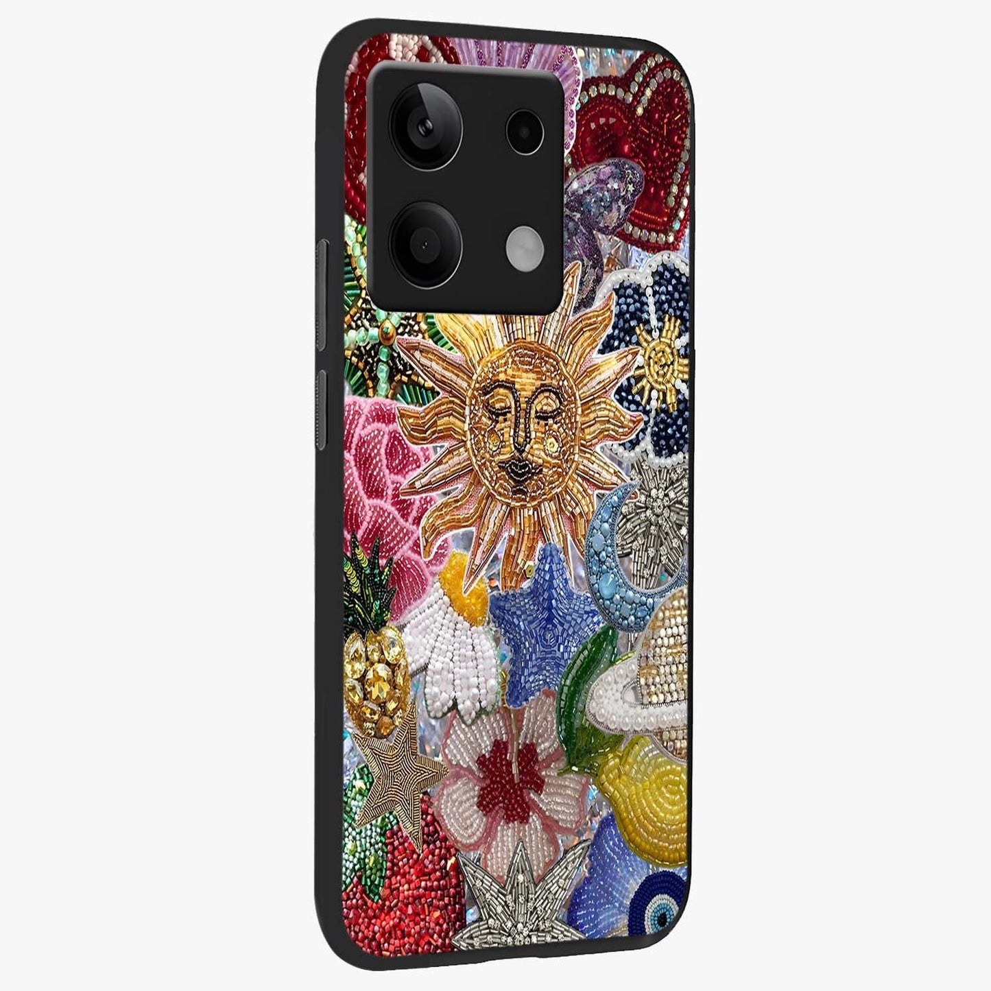 Celestial Floral and Playful Glass Case upright view showcasing whimsical floral artwork with cosmic aesthetic theme.