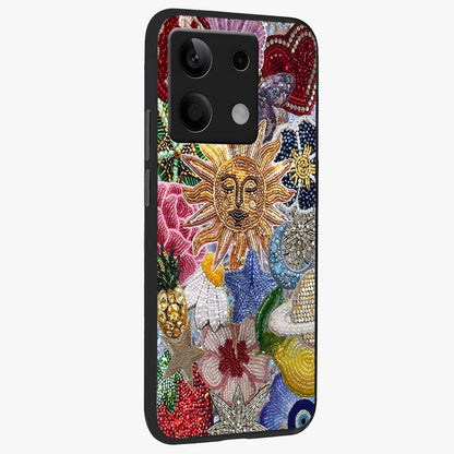 Celestial Floral and Playful Glass Case upright view showcasing whimsical floral artwork with cosmic aesthetic theme.