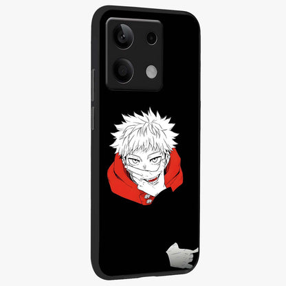 Crimson Chaos Smile Glass Case upright view showcasing expressive chaotic artwork with striking visual theme.