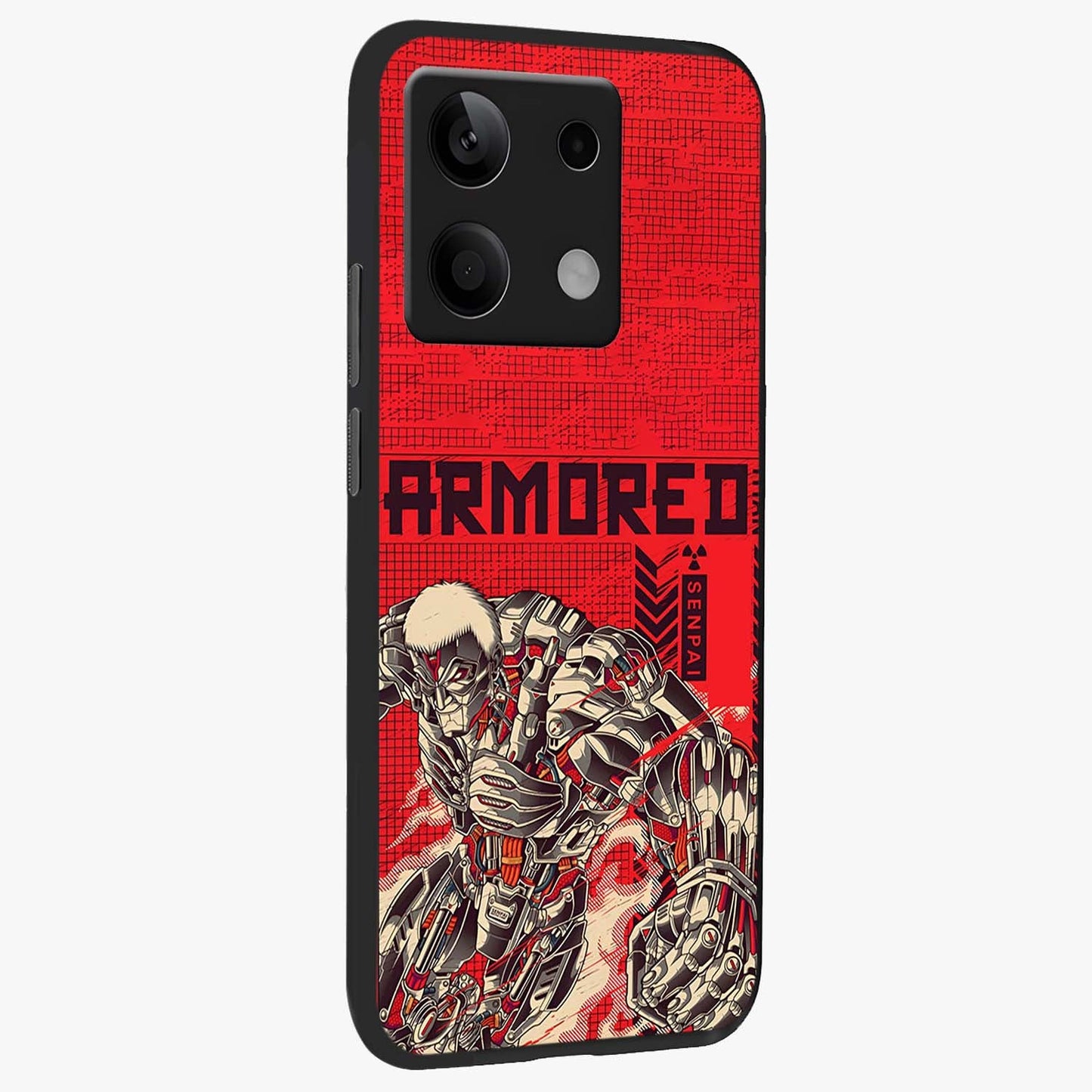 Crimson Mecha Titan Glass Case upright view showcasing dynamic robotic titan design with sci-fi inspired theme.