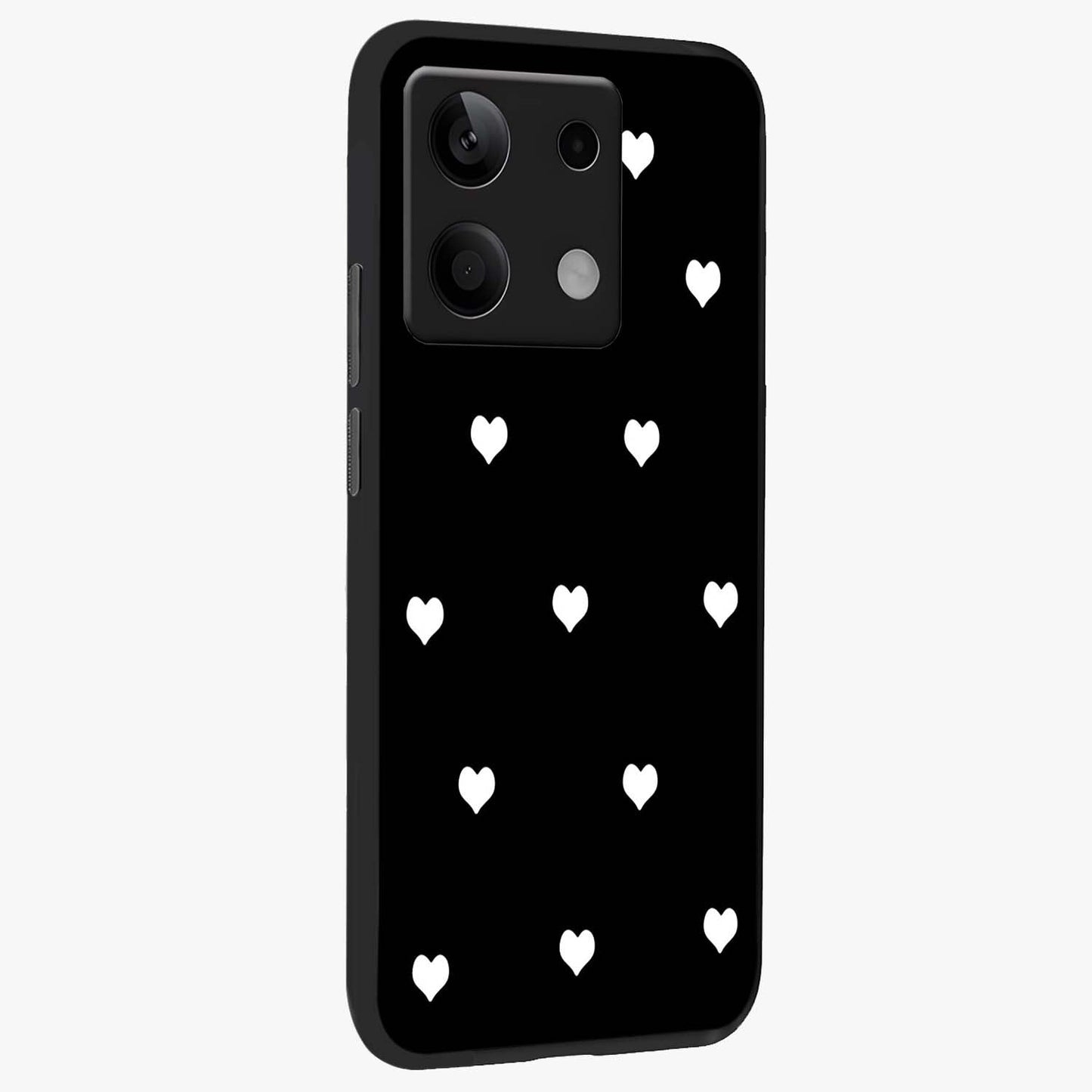 Cute And Simple White Hearts Glass Case upright view showcasing simple white hearts artwork with soft minimal theme.