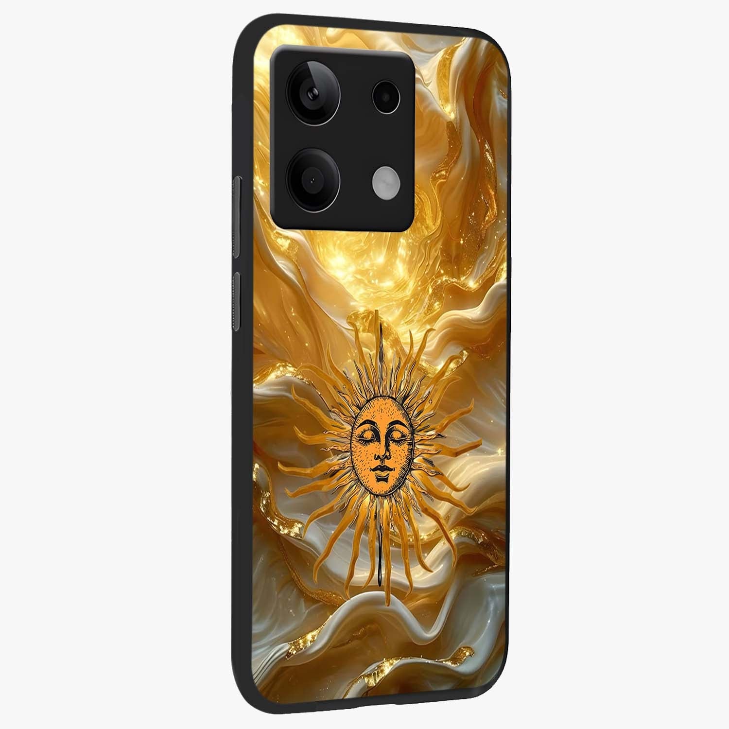 Eternal Golden Glow Glass Case upright view showcasing luminous golden artwork with luxurious visual theme.