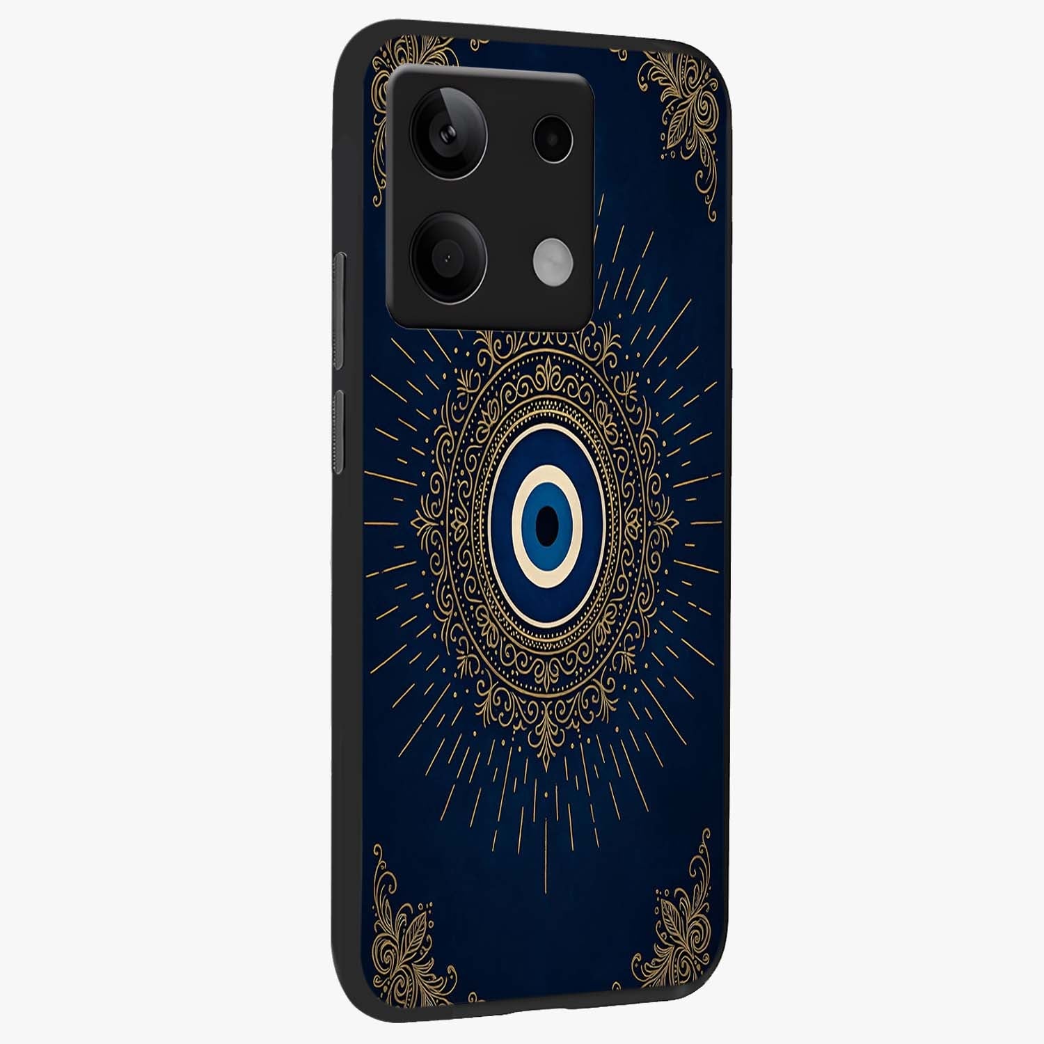 Golden Celestial Charm Glass Case upright view showcasing radiant celestial artwork with elegant golden theme.
