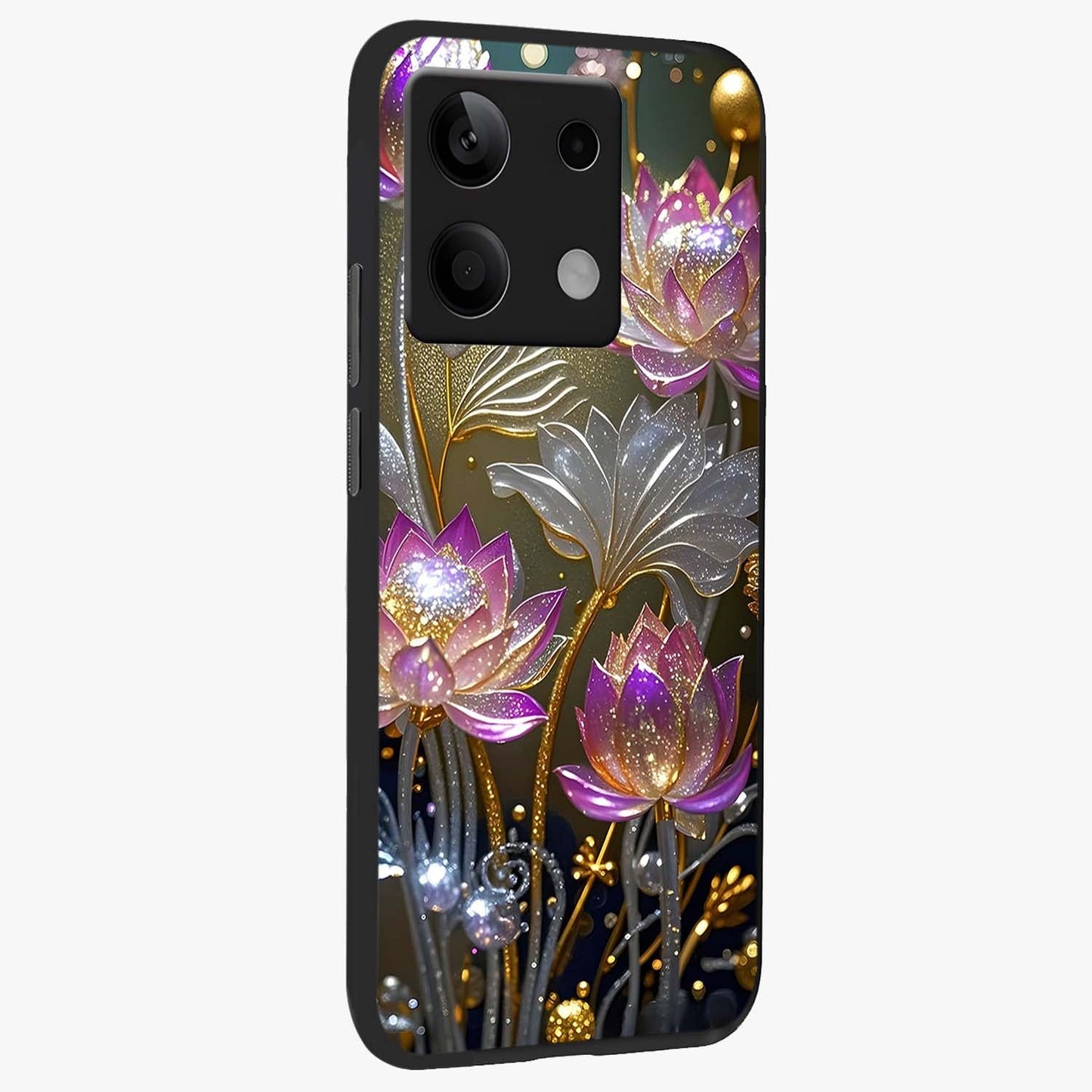 Golden Floral Majesty Glass Case upright view showcasing majestic floral artwork with rich decorative theme.