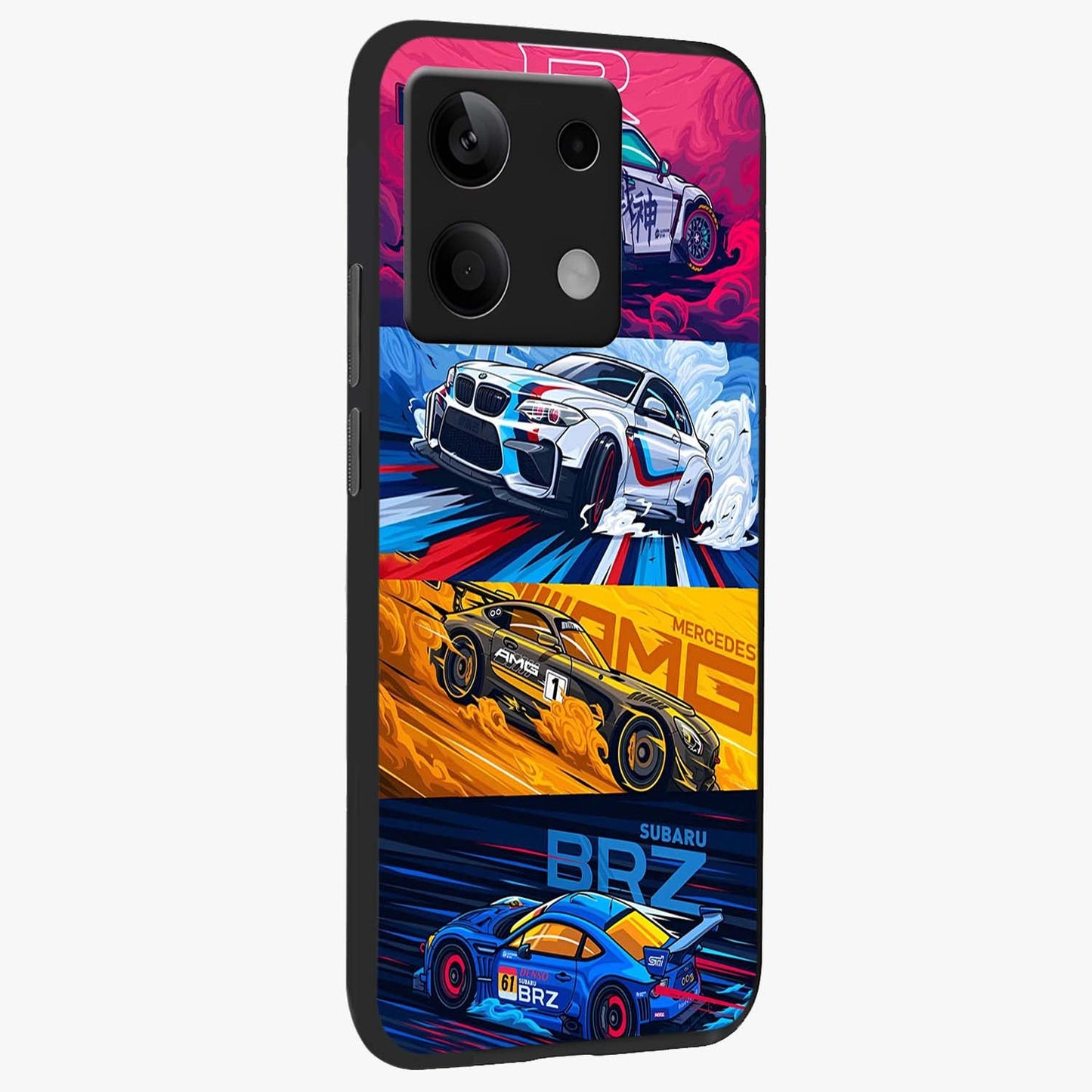 JDM Sports Car Glass Case upright view showcasing dynamic sports car artwork with bold racing theme.