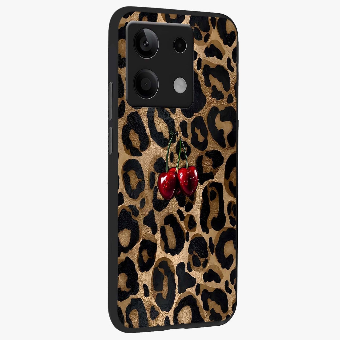 Leopard Wild Cherry Glass Case upright view showcasing stylish leopard pattern artwork with trendy fashion theme.