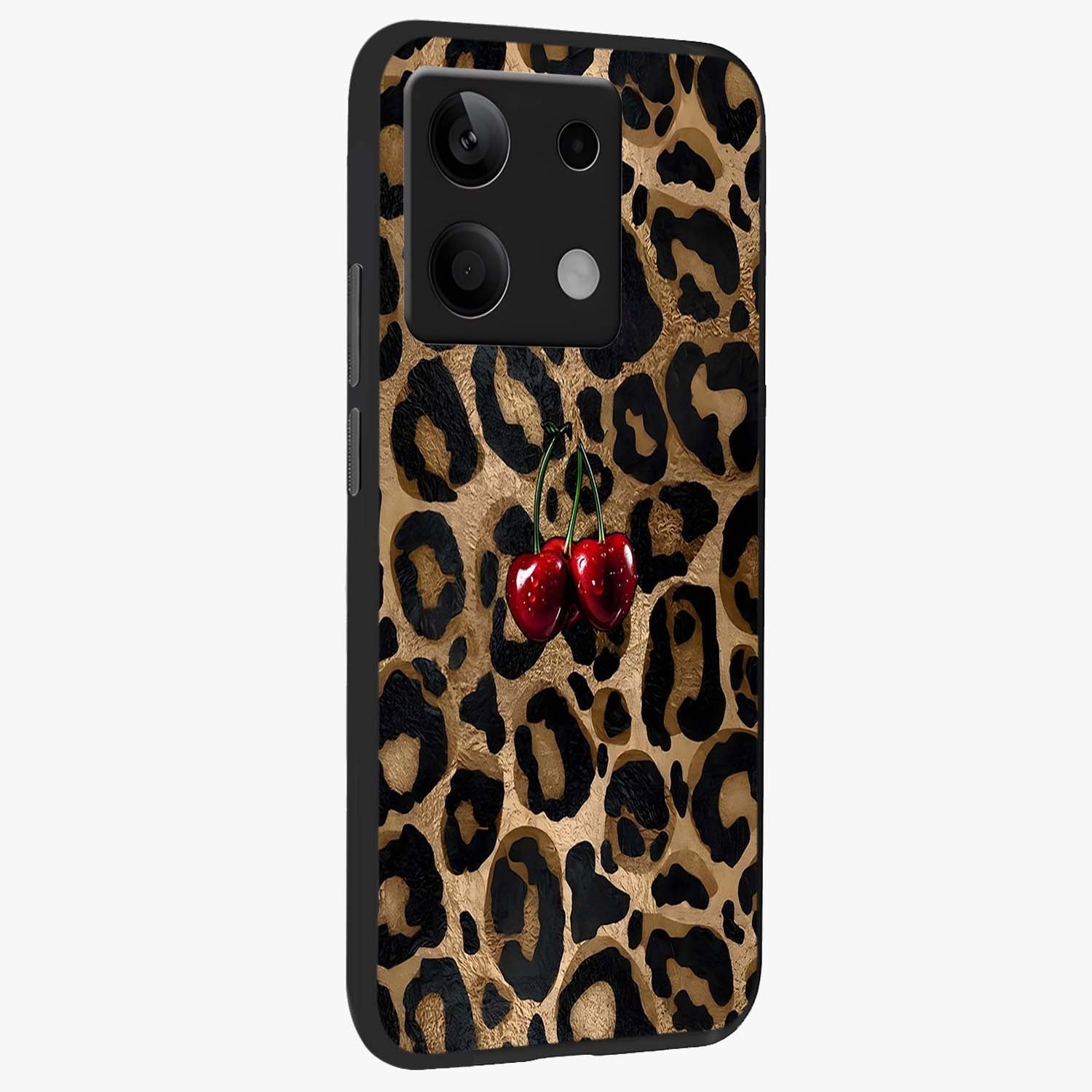 Leopard Wild Cherry Glass Case upright view showcasing stylish leopard pattern artwork with trendy fashion theme.