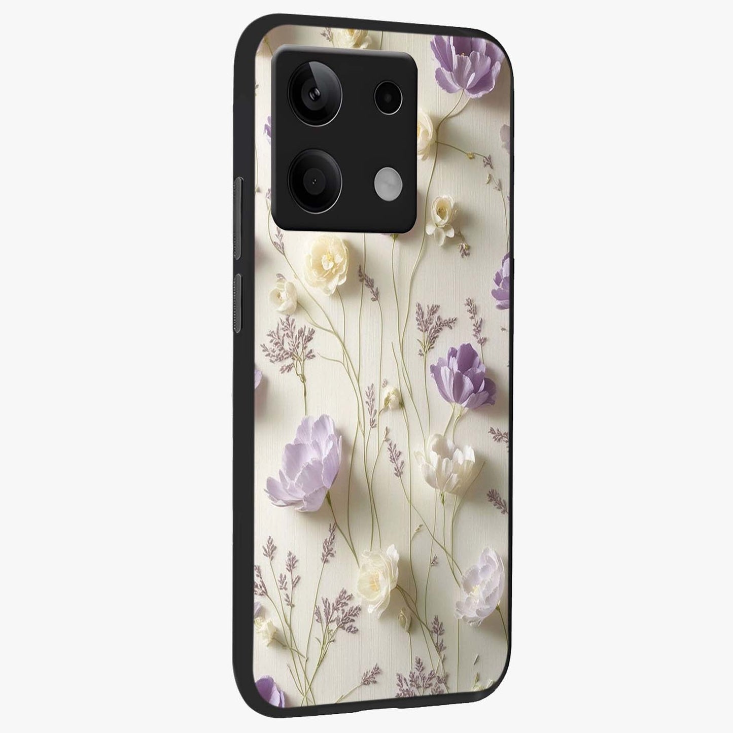 Lilac Breeze Harmony Glass Case upright view showcasing delicate lilac artwork with peaceful floral theme.